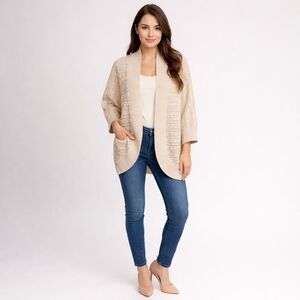 Cashmere 100% Lockhart Open Faced Oversized Shawl Beige Cardigan Small